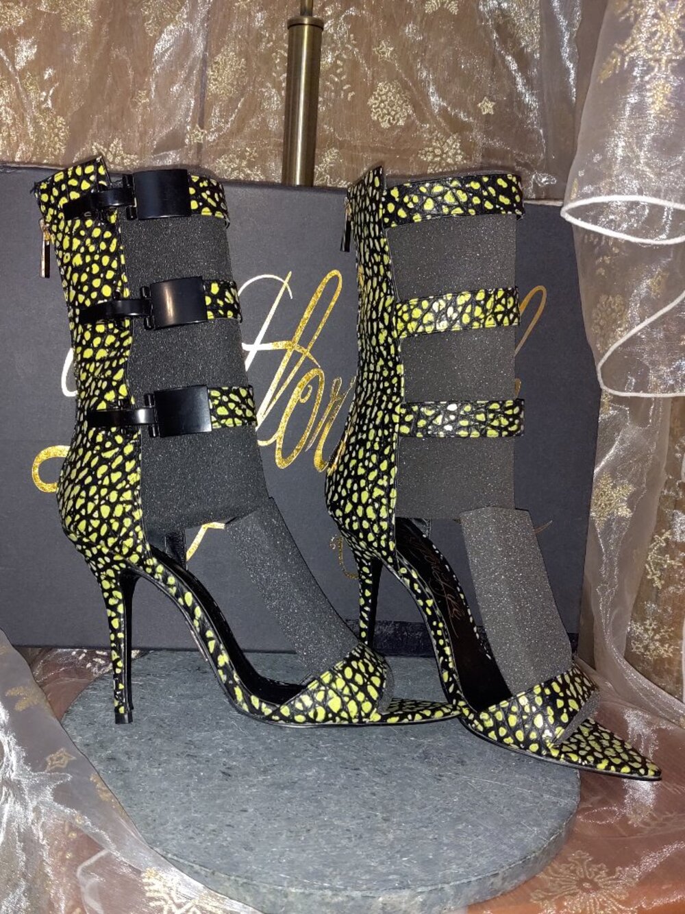 Lust For Life TRIBE Neon Yellow & Black Gladiator Heels 8.5